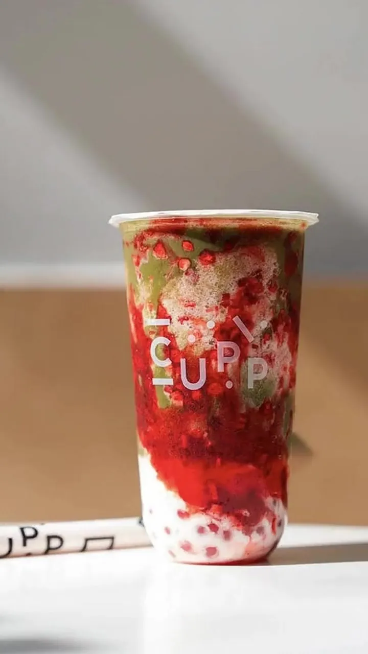 Strawberry matcha boba in a CUPP cup