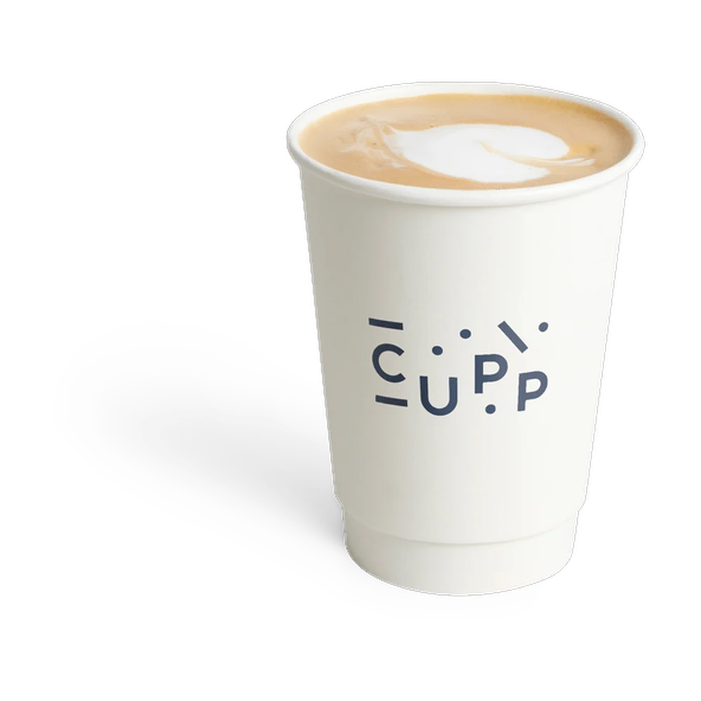 CUPP latte in a branded cup