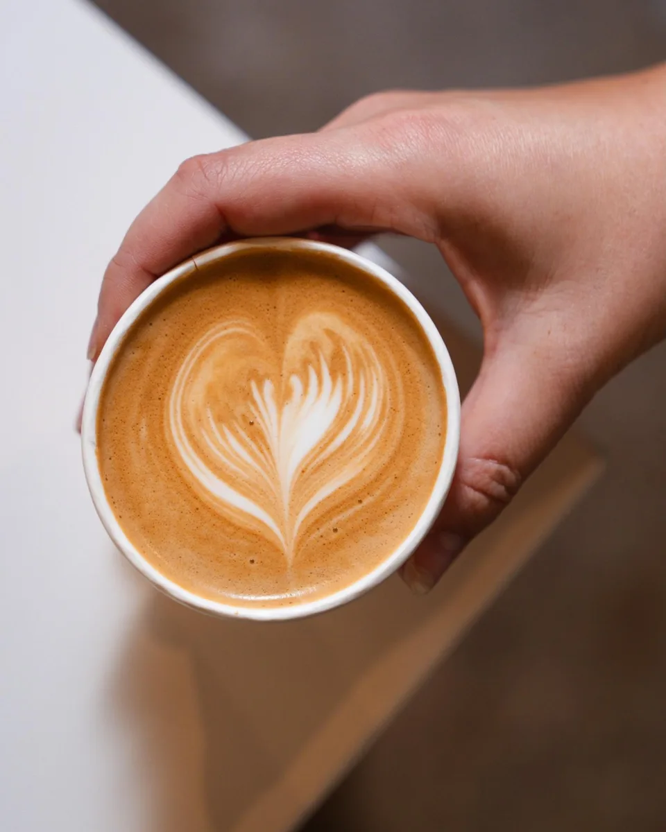A hand holding a latte with heart latte art